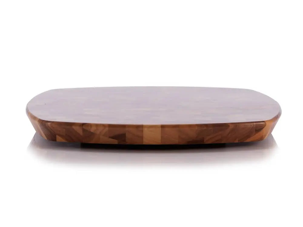 Front view of a rectangular end-grain lazy susan with rounded corners, featuring a geometric mosaic pattern in various shades of Black Walnut wood, on a white background