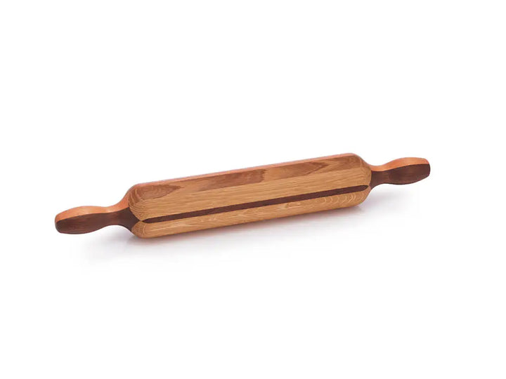 Boston Autumn Rolling Pin - front top view of a rolling pin made with strips of walnut, red grandis, and white oak, showcasing a beautiful laminated wood design with ergonomic handles