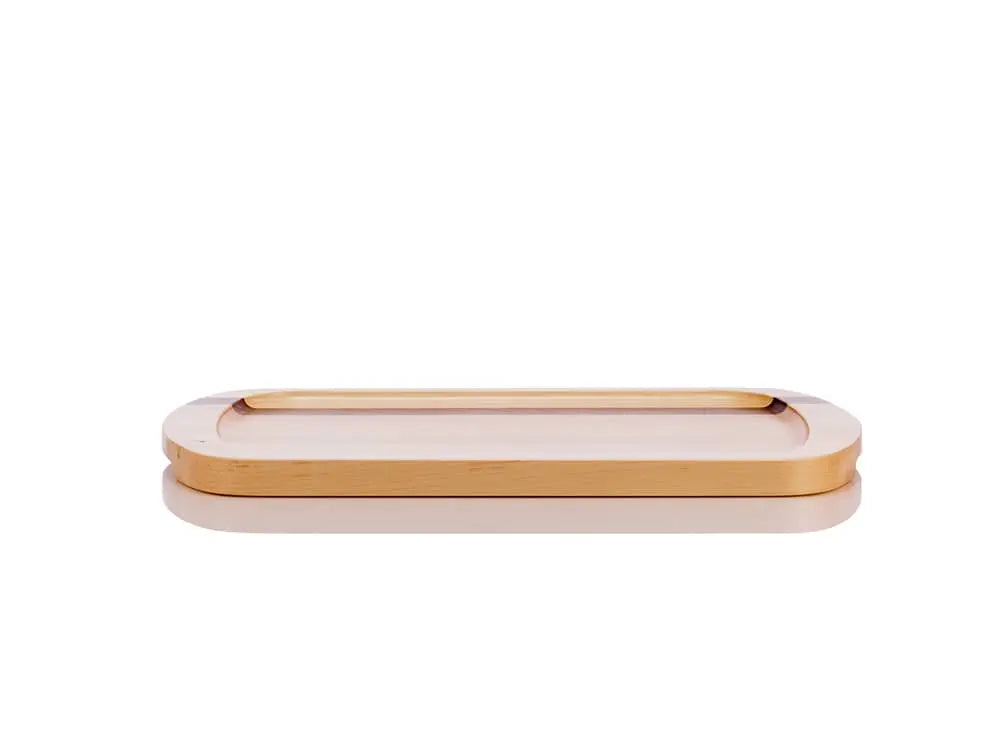 Front view of the Brookfield Maple Bluff Serving Tray, crafted from light maple wood with a darker wood accent stripe, featuring rounded edges and a recessed surface, on a white background