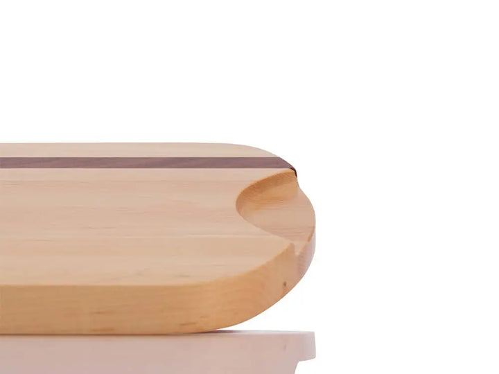 Close-up view of the Brookfield Maple Bluff Serving Tray, showcasing the finger slot handle for easy lifting, crafted from light maple wood with a darker wood accent stripe, on a white background