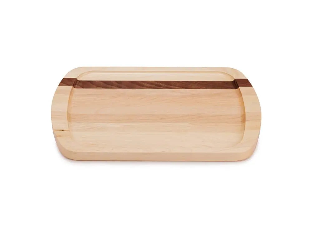 Top view of the Brookfield Maple Bluff Serving Tray, crafted from light maple wood with a darker wood accent stripe, featuring rounded edges and finger slots, on a white background