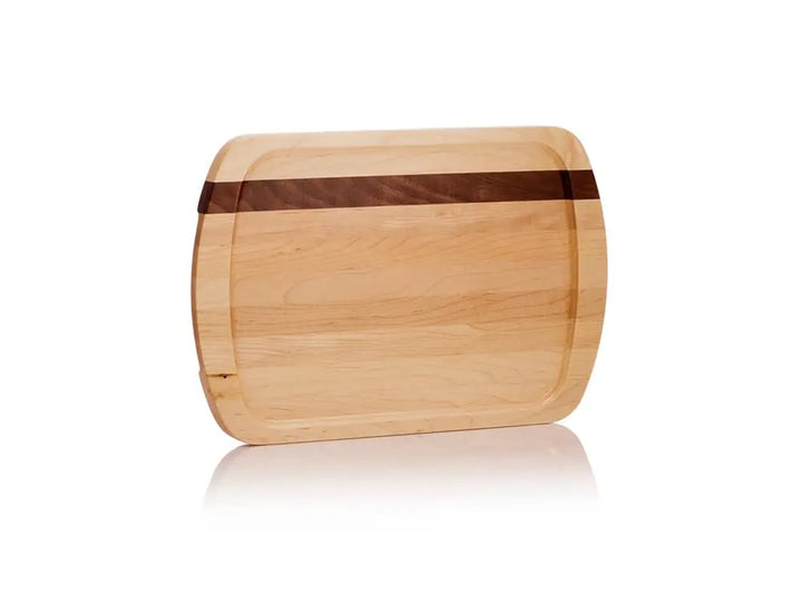 Front view of the Brookfield Maple Bluff Serving Tray standing upright, crafted from light maple wood with a darker wood accent stripe, featuring rounded edges and finger slots, on a white background
