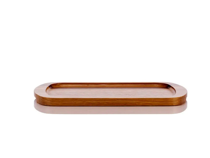 Front view of the Brookfield Prairie Lane Serving Tray, crafted from light oak wood with a darker wood accent stripe, featuring rounded edges and a recessed surface, on a white background