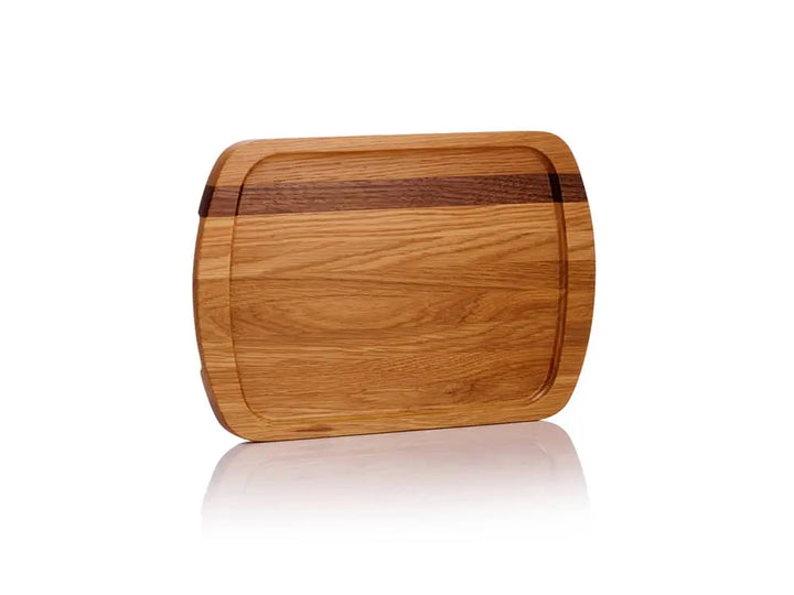 Front view of the Brookfield Prairie Lane Serving Tray standing upright, crafted from ¾-inch thick solid light oak wood with a darker wood accent stripe, featuring rounded edges and finger slots, on a white background