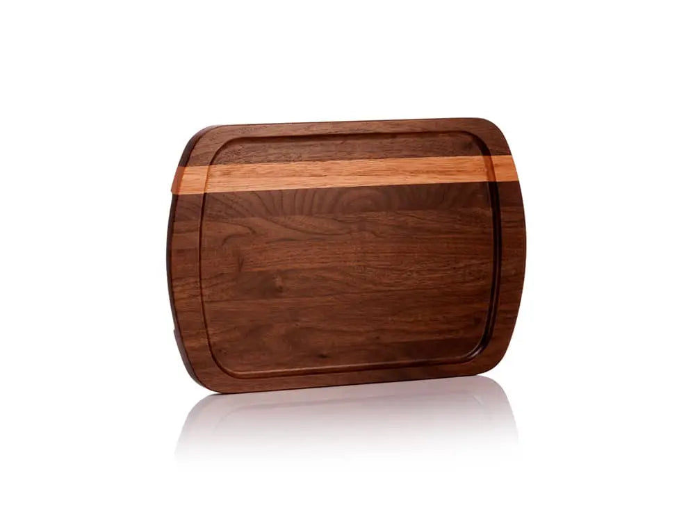 Front view of the Brookfield Serving Tray standing upright, crafted from ¾-inch thick solid wood with a dark walnut finish and a lighter wood accent stripe, featuring rounded edges and finger slots, on a white background