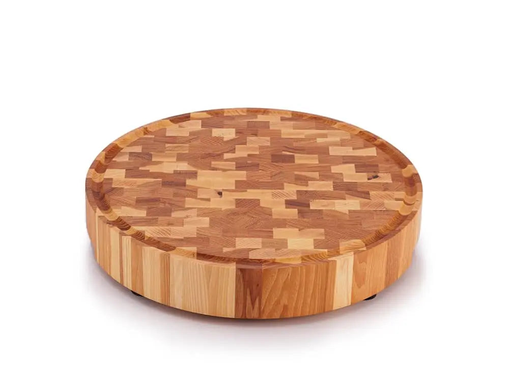 Round hickory end grain butcher block with a juice groove
