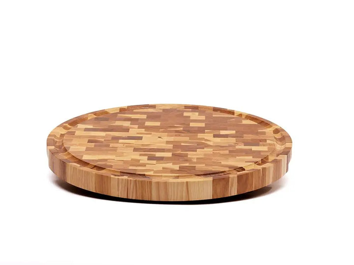 Front view of a round end-grain cutting board with a checkered pattern of various wood tones, featuring a smooth finish, against a white background