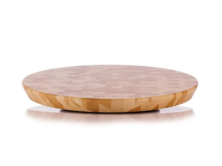 Front view of a round end-grain lazy susan with a light brown geometric mosaic pattern in various shades of hickory wood, on a white background
