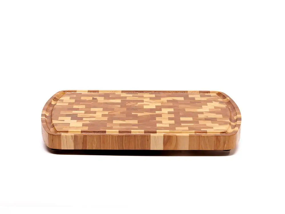 Front view of a Hickory Nut end grain cutting board with a checkered pattern and rounded edges, against a white background