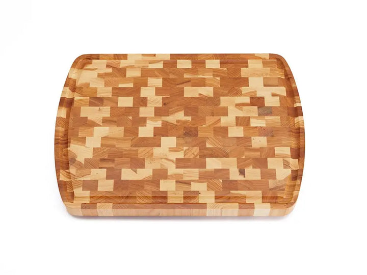 Top view of a Hickory Nut end grain cutting board with a checkered pattern and rounded edges, against a white background